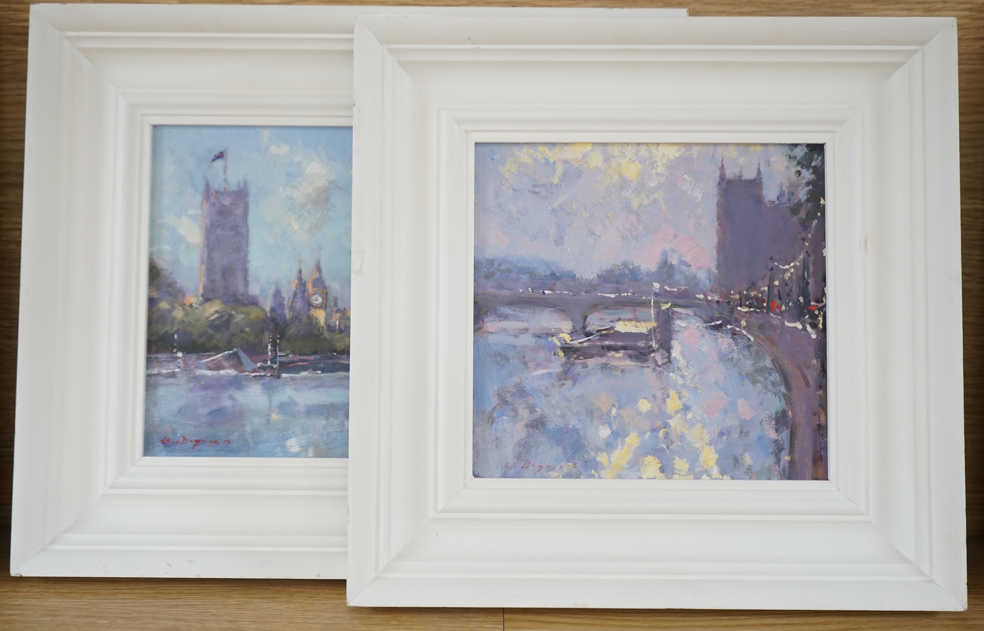 Chris Daynes (b.1946), two Impressionist oils on board, Thames London views, each signed and dated ‘13 & ‘14, 18.5 x 24cm. Condition - good